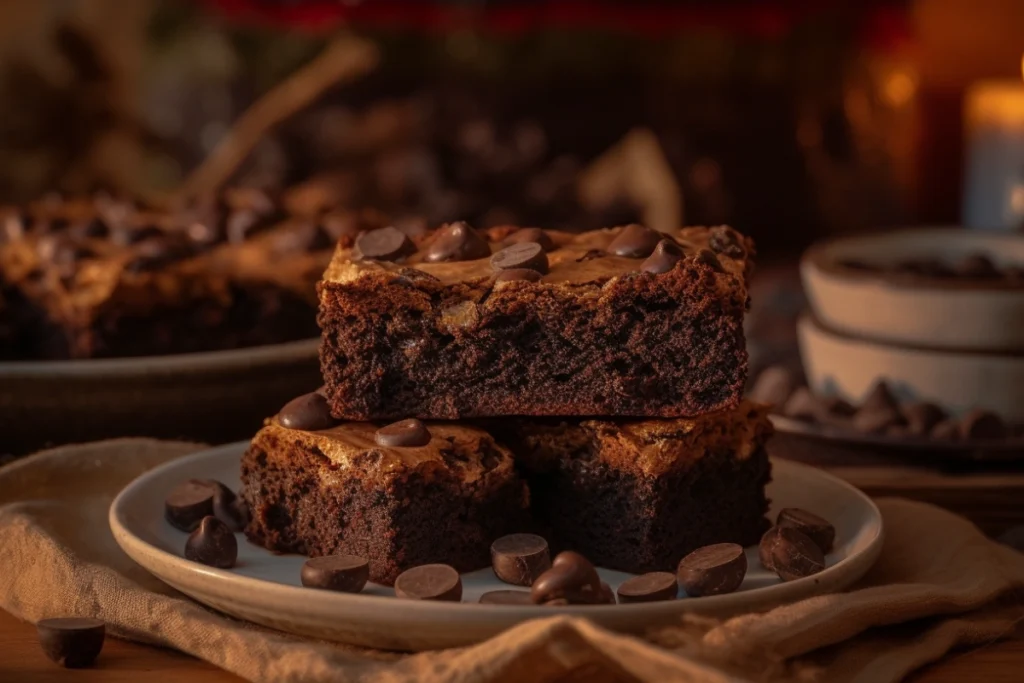 A close-up of a brookie with a fudgy brownie base and a cookie top, styled with chocolate chips and a cozy kitchen background.