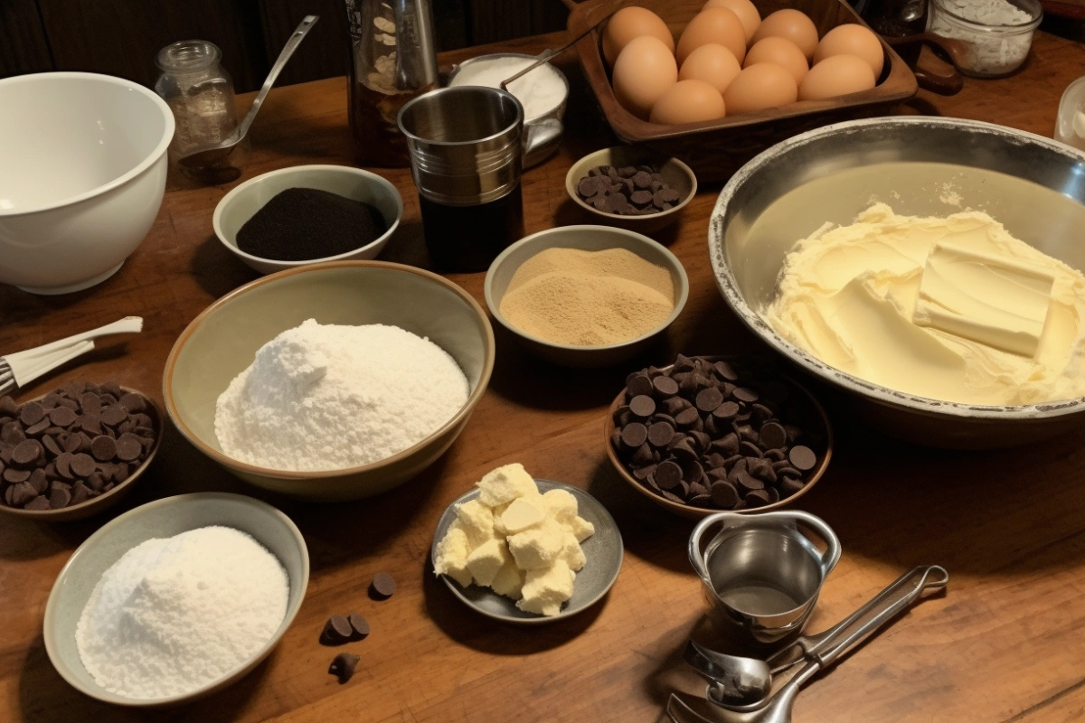 A rustic kitchen countertop with bowls of brownie batter, cookie dough, chocolate chips, and baking tools.