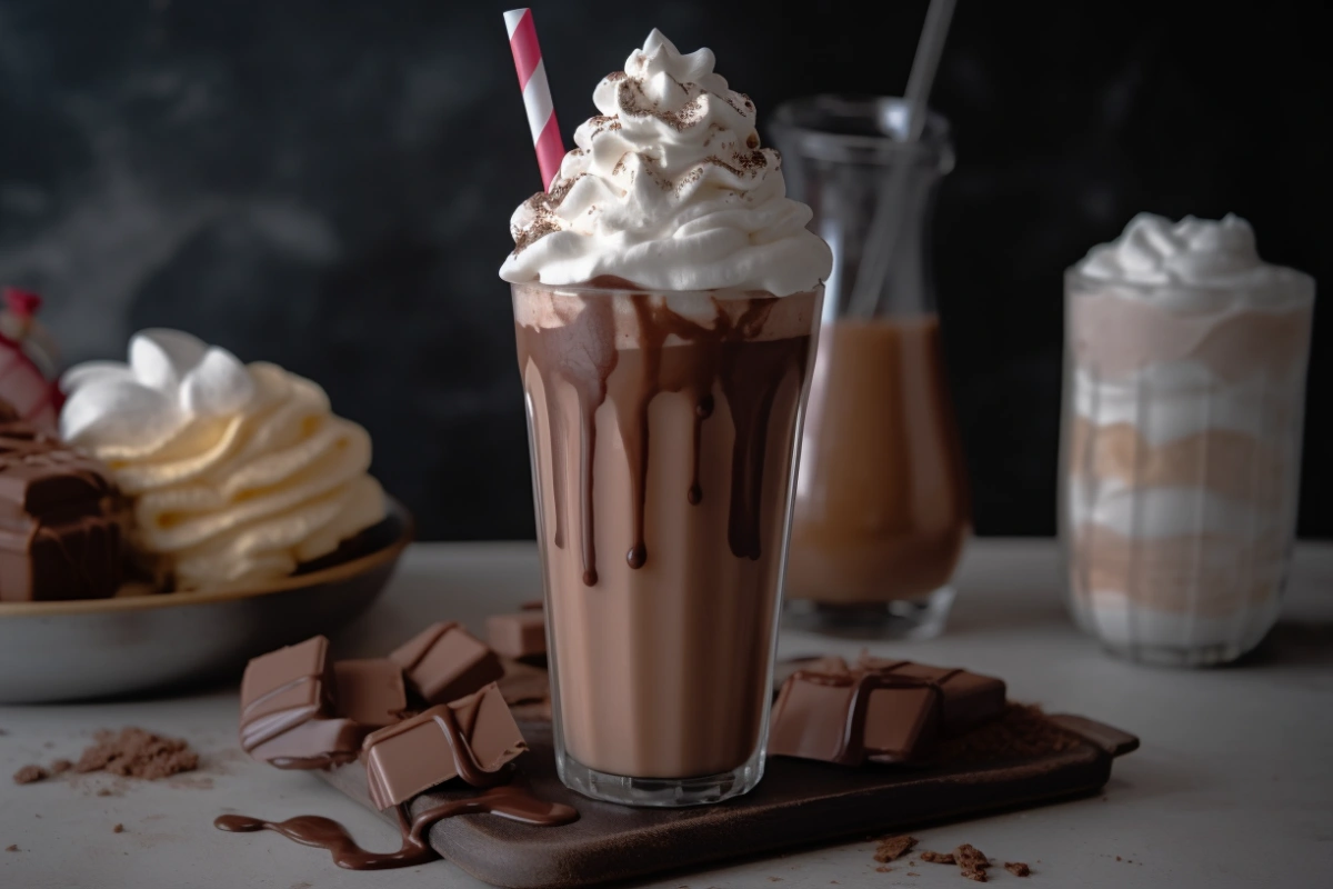 Decadent chocolate milkshake topped with whipped cream and chocolate drizzle, prepared with the Ninja Creami.