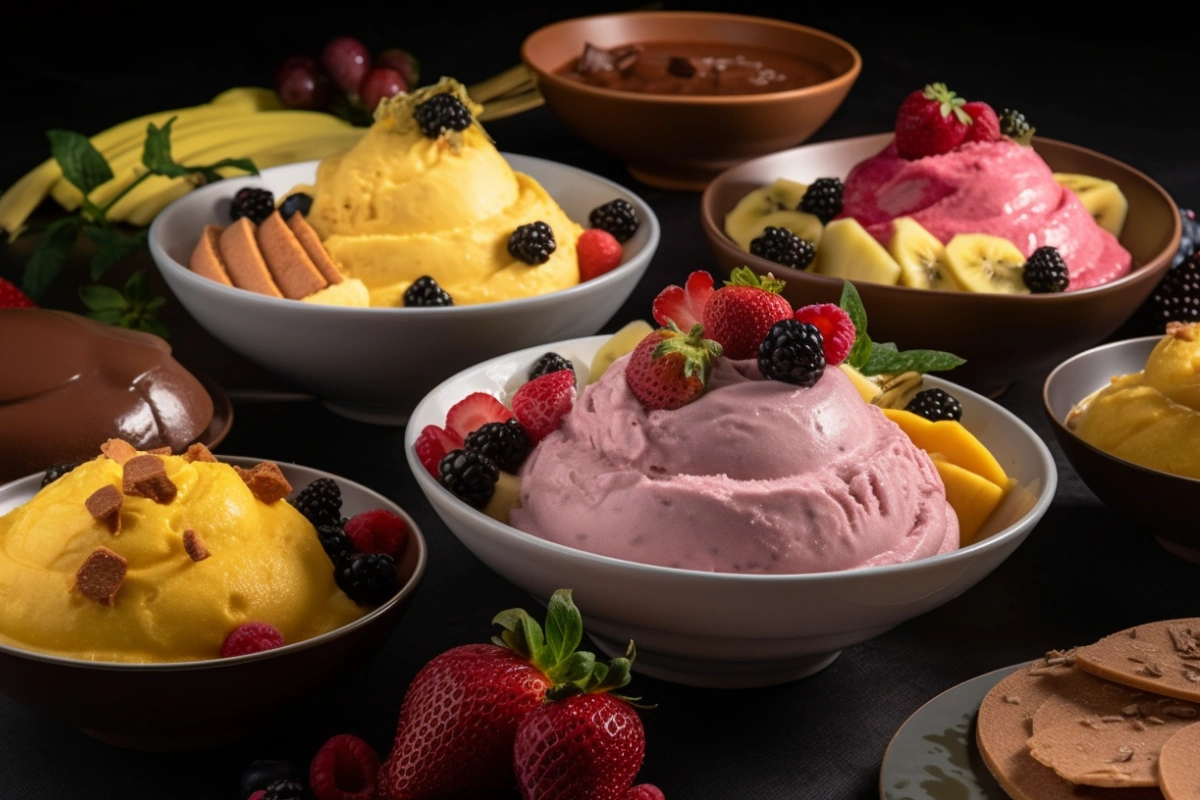 An assortment of colorful Ninja Creami desserts like mango sorbet, chocolate peanut butter ice cream, and strawberry cheesecake gelato.