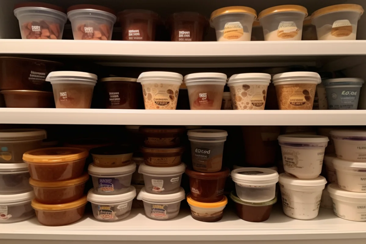 Freezer filled with Ninja Creami containers labeled with various ice cream flavors.