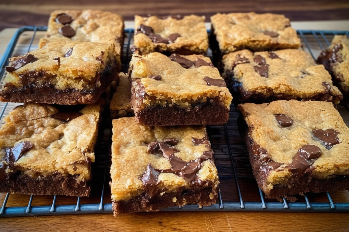 Squares of freshly baked brookies on a cooling rack with chocolate chips scattered around.