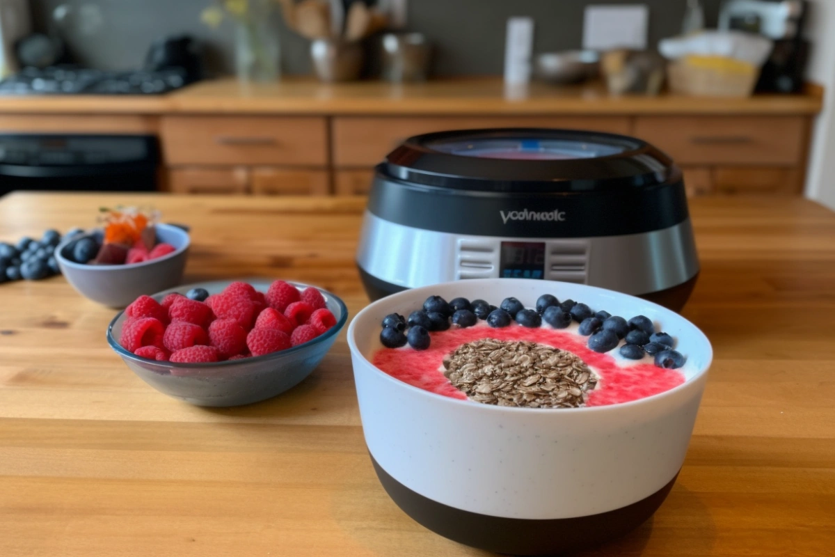 Colorful smoothie bowl topped with fresh berries, granola, and chia seeds, prepared with the Ninja Creami.