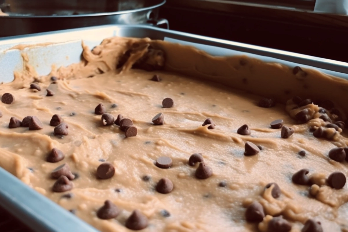 Hands spreading cookie dough over brownie batter in a baking pan, preparing brookies for baking.