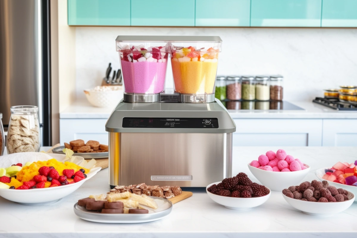 Modern Ninja Creami machine on a kitchen countertop with vibrant bowls of homemade ice cream, sorbet, and gelato.