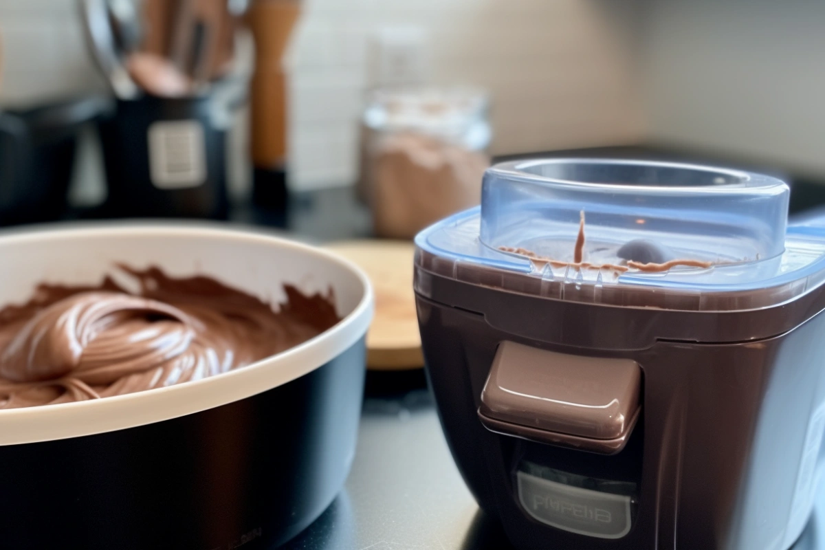 Ninja Creami in action, churning chocolate ice cream.