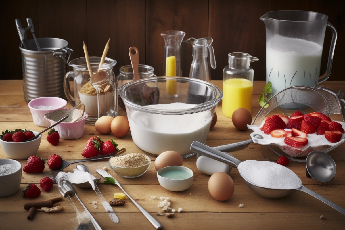 Essential tools and ingredients for Ninja Creami recipes on a wooden kitchen table.