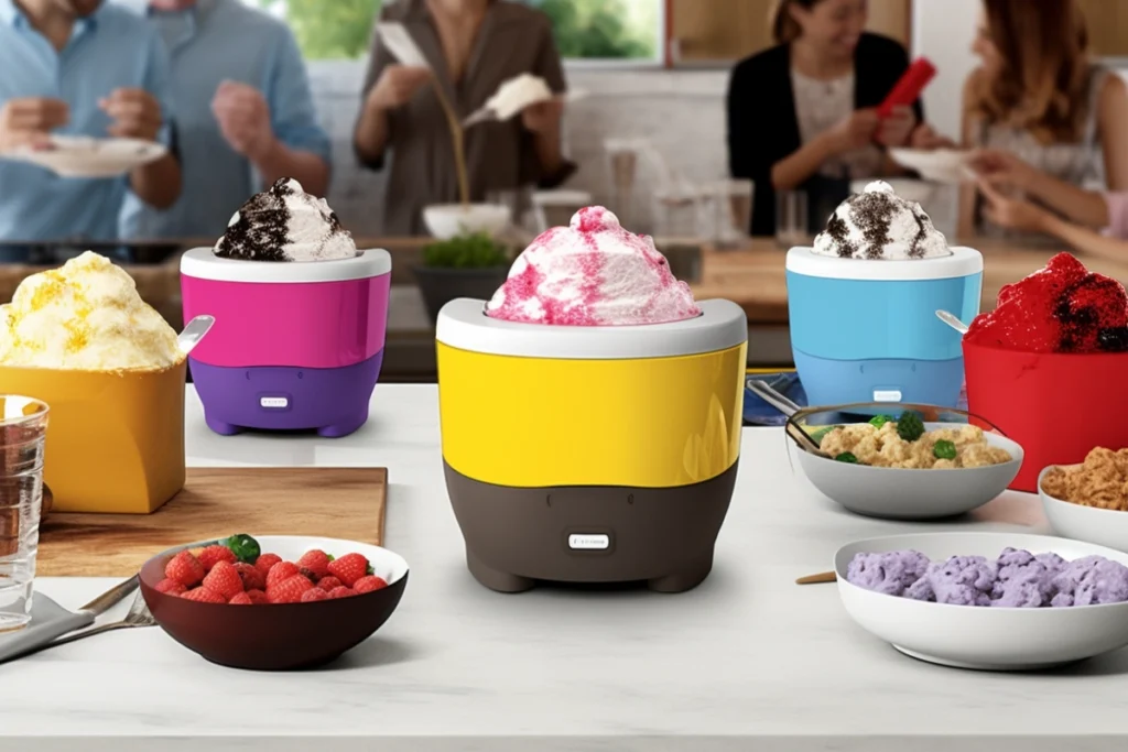 Modern Ninja Creami ice cream maker in a vibrant kitchen with colorful homemade desserts.