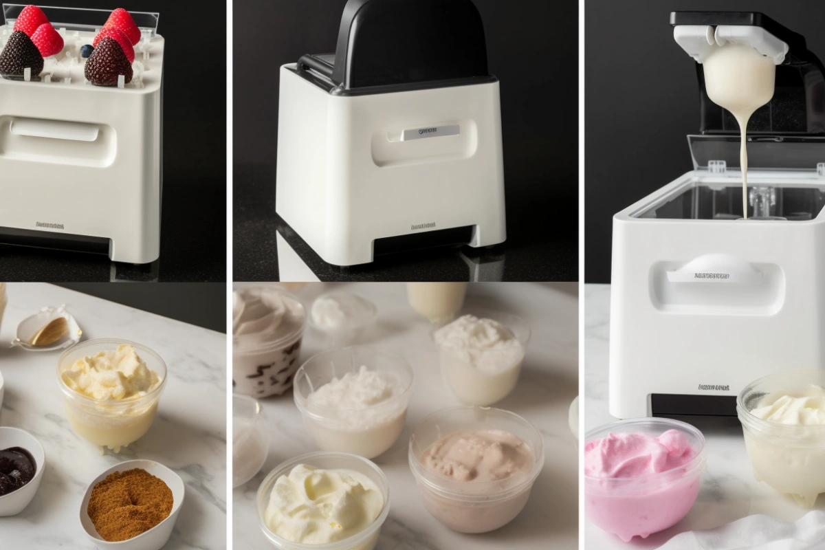 Step-by-step process of using the Ninja Creami machine, from freezing the base to spinning creamy ice cream.