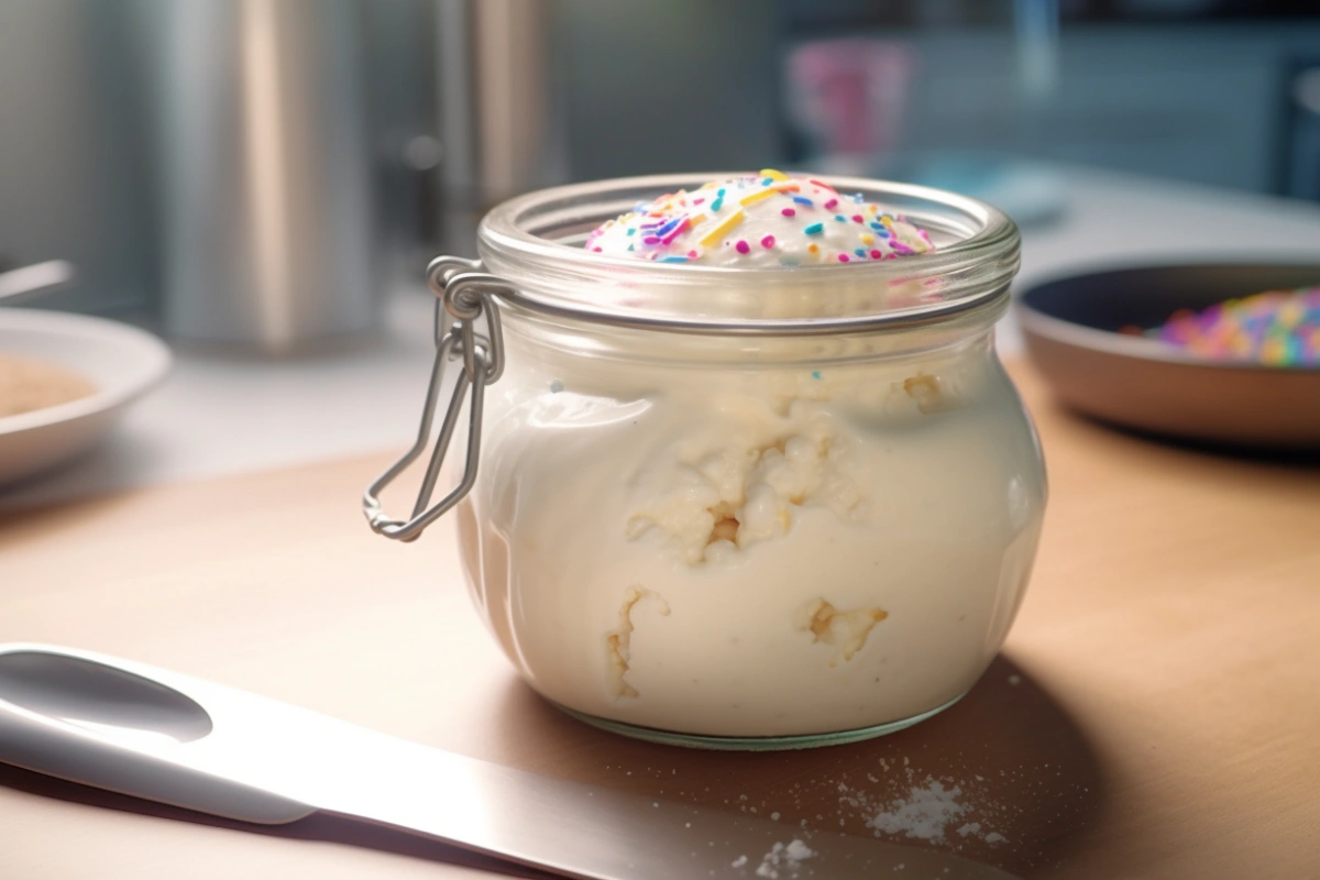  Freshly made vanilla ice cream in a Ninja Creami pint container, garnished with sprinkles.