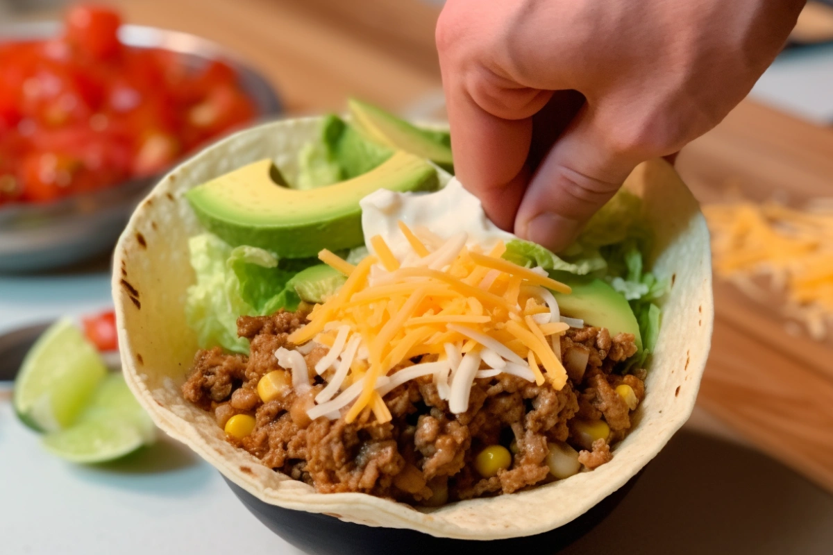 Step-by-step taco bowl assembly with layers of rice, beef, vegetables, and garnishes in a tortilla shell.