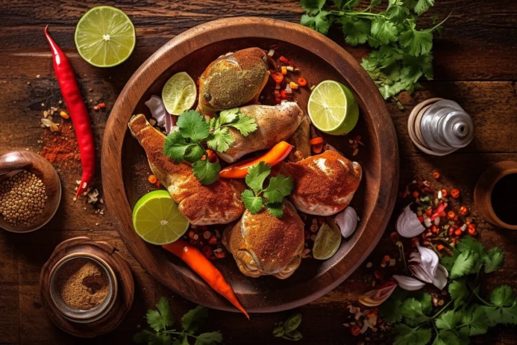 Top-down view of seasoned raw chicken with Pollo Asado spices, lime, chili peppers, and fresh herbs on a rustic wooden table.