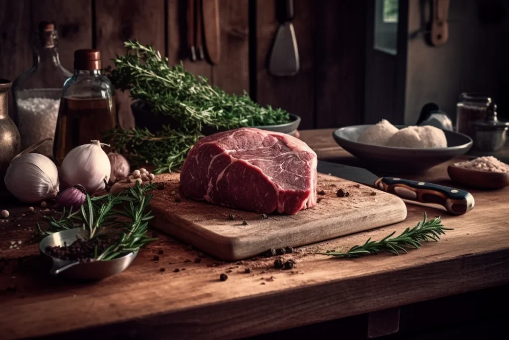 Raw bison cuts with fresh herbs and spices in a rustic kitchen setting.