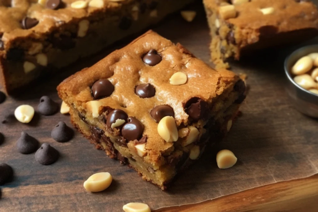 Side-by-side image of a golden blondie square and a brookie with brownie and cookie layers on a rustic wooden surface.