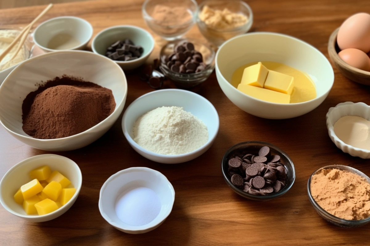 Ingredients for bronkies, including cocoa powder, butter, sugar, flour, eggs, and chocolate chips, arranged on a wooden countertop.