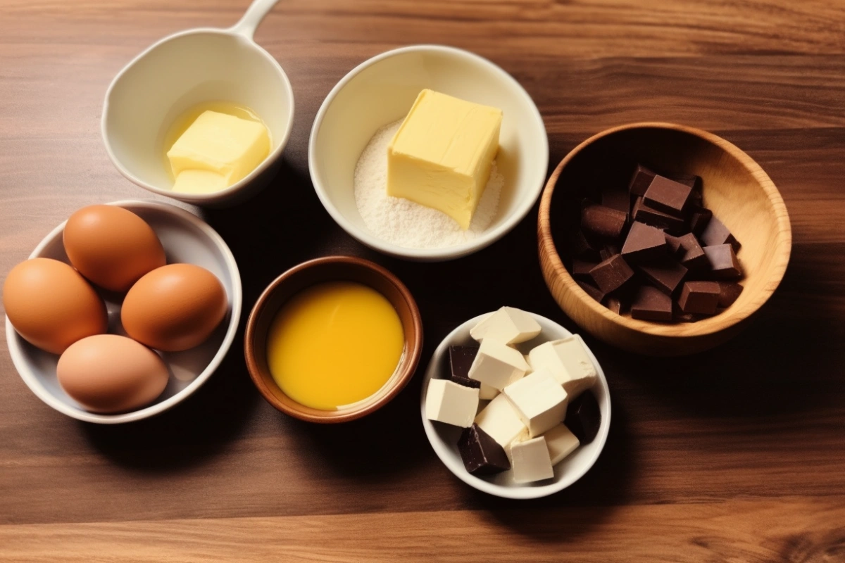 Ingredients for brookies, including chocolate, flour, sugar, butter, eggs, and vanilla extract, arranged on a wooden countertop.