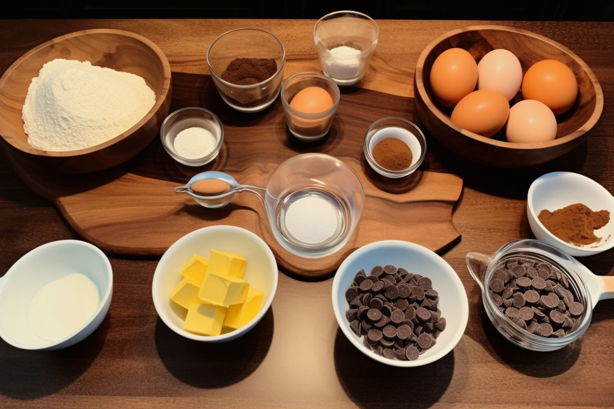 Ingredients for brookie assembly, including cocoa powder, sugar, chocolate chips, butter, and eggs, displayed on a wooden countertop.