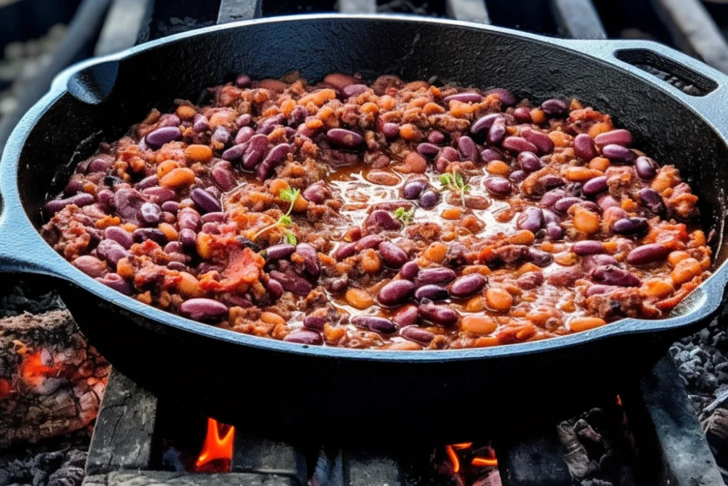 A cast iron skillet with cowboy beans cooking over an open flame, with kidney beans, pinto beans, and ground beef in a rich, savory sauce.