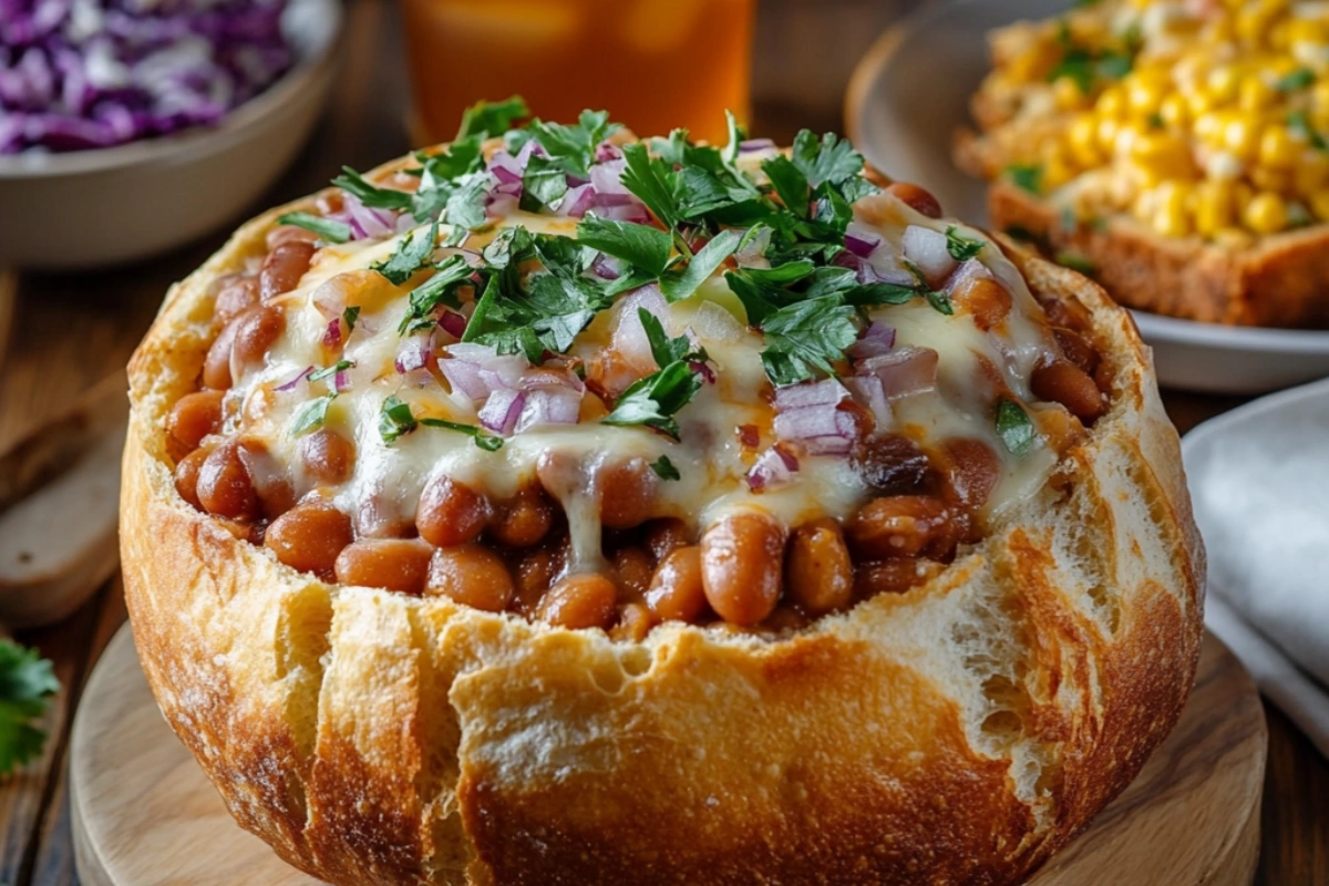 A bread bowl filled with cheesy calico beans, topped with melted cheese, red onions, and parsley, served with a side of cheesy corn toast and iced tea.