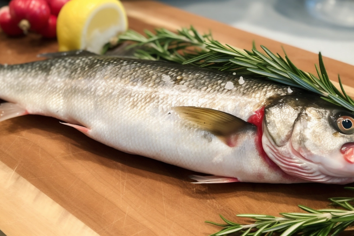  Fresh whole fish on a wooden cutting board, prepared with rosemary and lemon, ideal for a branzino recipe that enhances its delicate flavor.