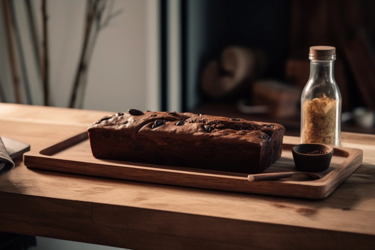 A bronkie with a fudgy brownie base and a chewy cookie top, served on a rustic wooden platter with chocolate chips and a glass of milk.