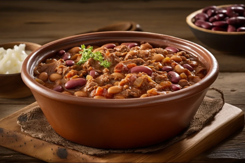 A rustic bowl filled with a rich mixture of calico beans, ground beef, and a savory tomato-based sauce, garnished with fresh herbs, served on a wooden table.