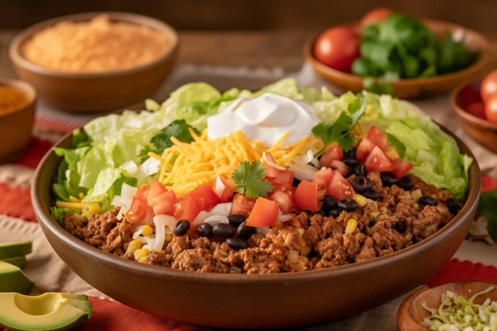 A taco bowl with crispy tortilla shell, Mexican-style rice, ground beef, beans, and fresh toppings on a vibrant table setting.