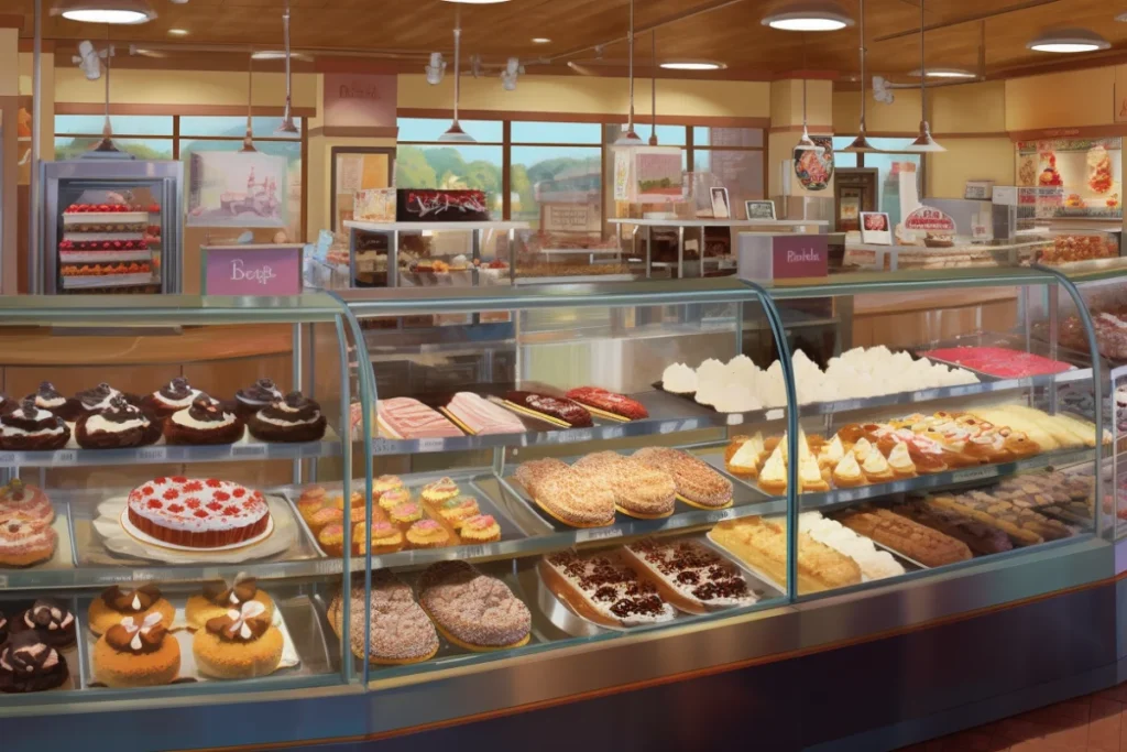 Costco bakery display with cakes, pastries, and desserts in glass cases.