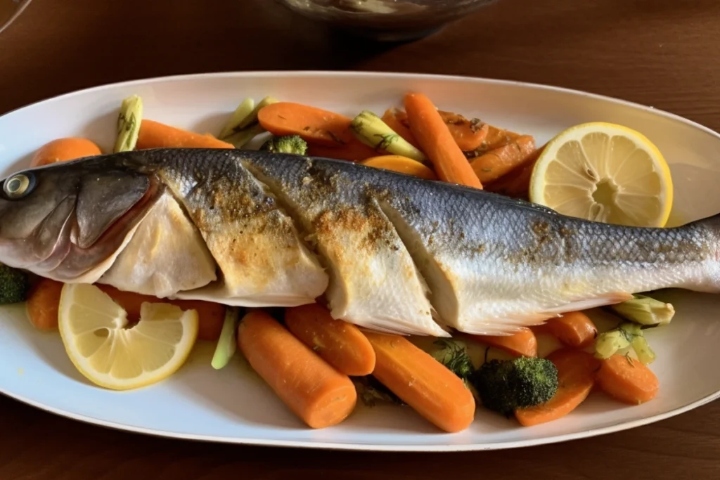 Crispy golden branzino fillet with roasted vegetables and lemon garnish.