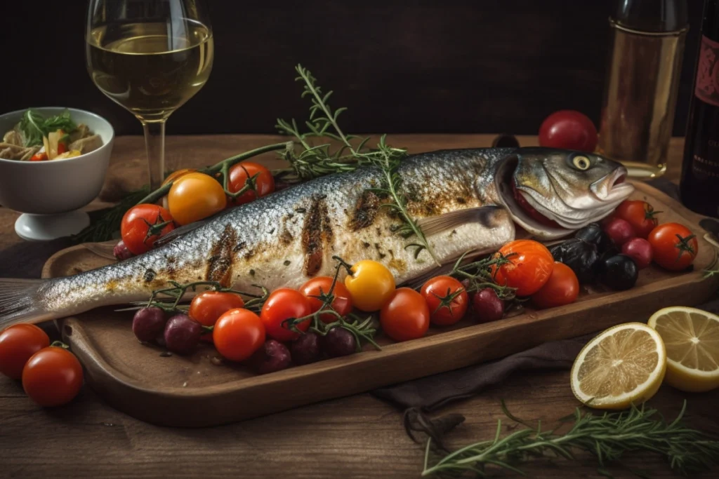 Whole branzino with roasted vegetables and lemon, paired with white wine on a rustic table.