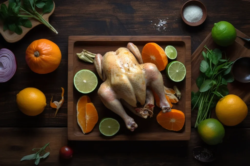 Ingredients for Pollo Asado, including raw chicken, lime, orange, herbs, and spices, laid out on a wooden table.