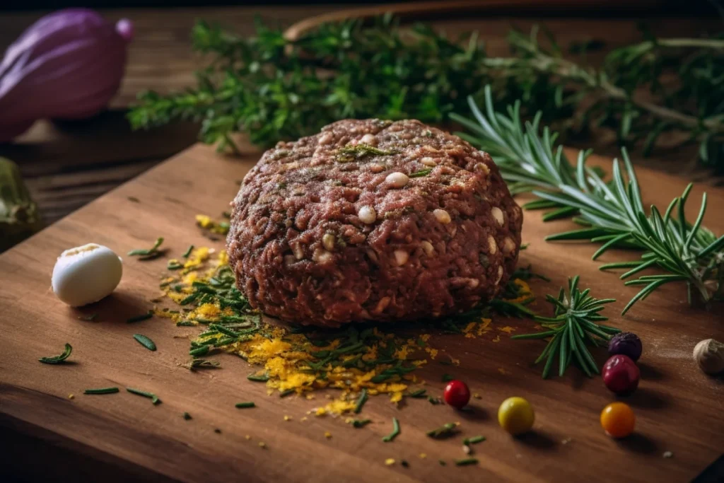 Hands forming a raw bison burger patty with fresh ingredients.