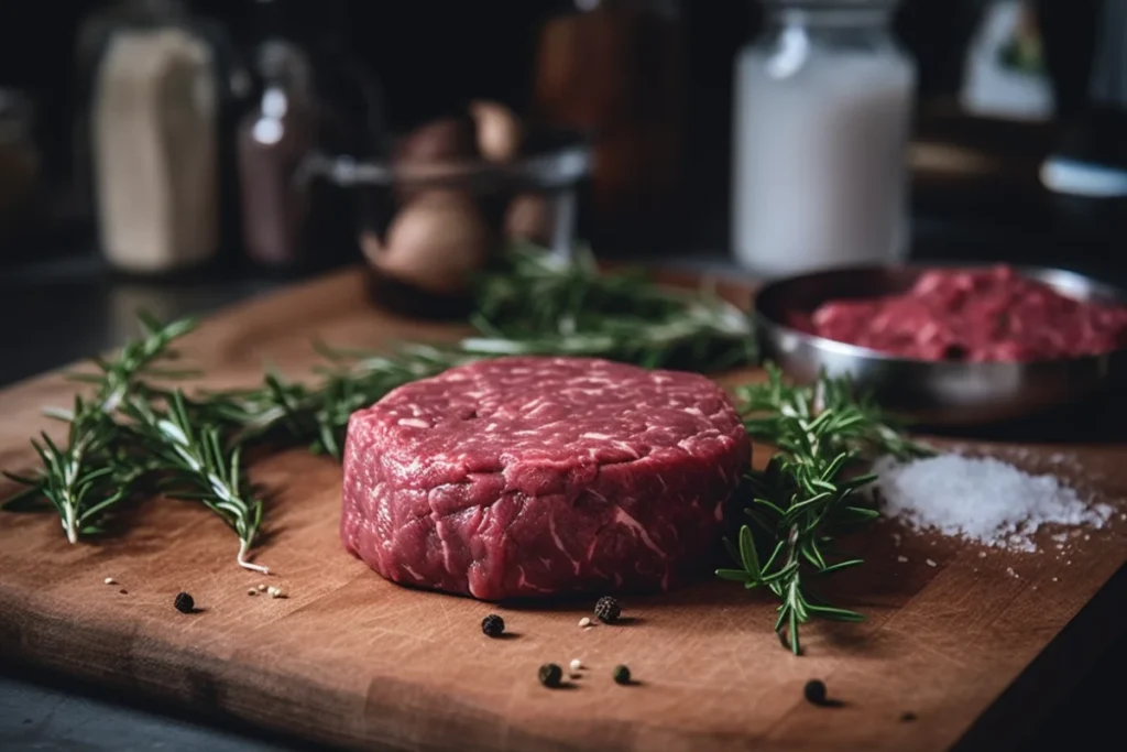 Raw ground bison meat surrounded by fresh herbs and seasonings on a butcher's counter.