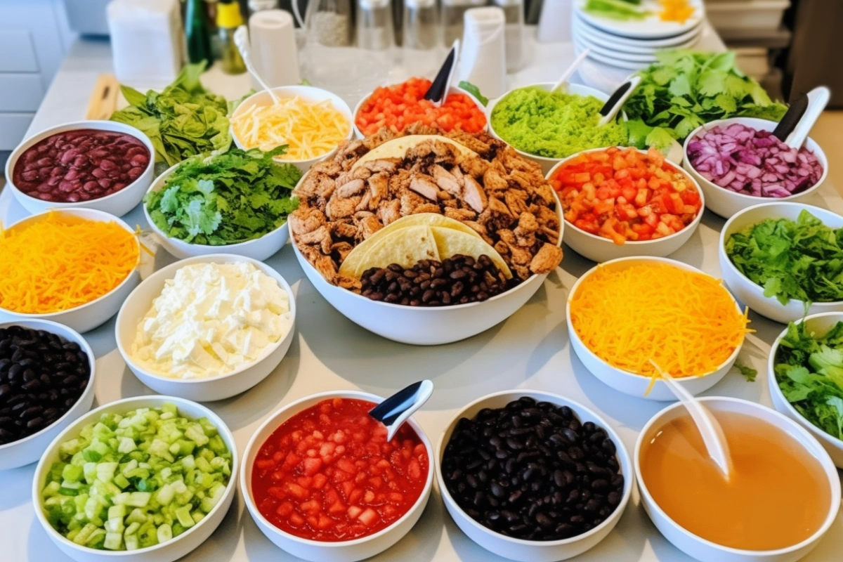 Top-down view of fresh taco bowl ingredients, including grilled chicken, shredded cheese, black beans, diced cucumbers, guacamole, salsa, and creamy sauce, arranged in small bowls on a yellow background.