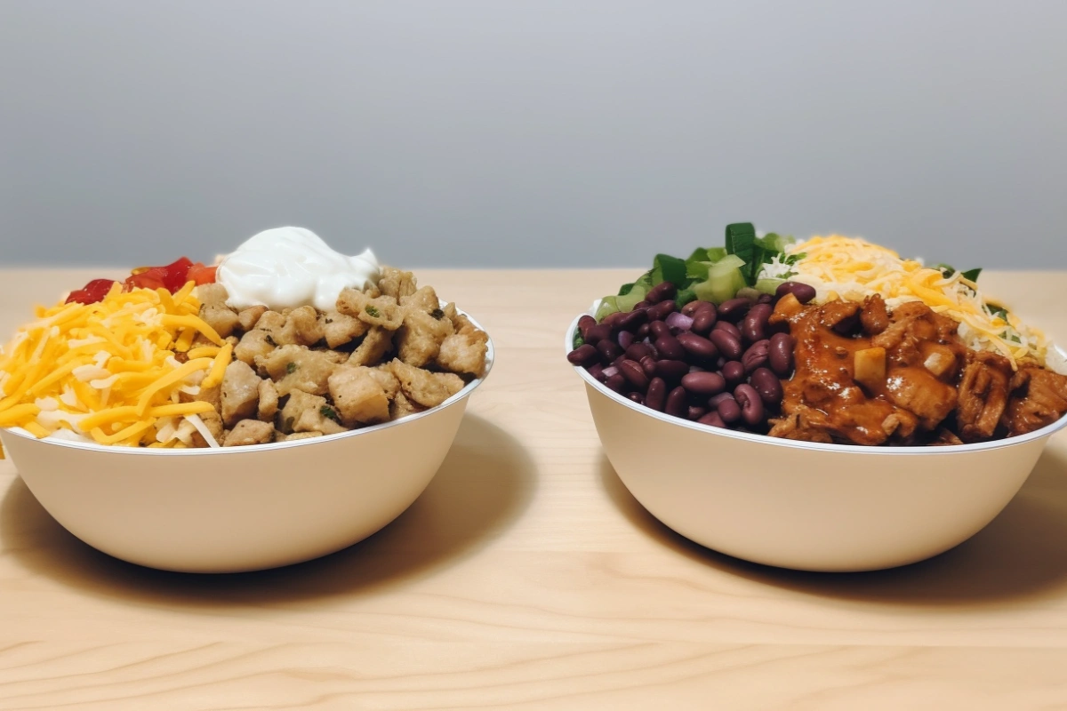 An assortment of fresh taco bowl ingredients, such as grilled chicken, cheese, beans, salsa, guacamole, and sauces, beautifully arranged in colorful bowls on a bright yellow surface.