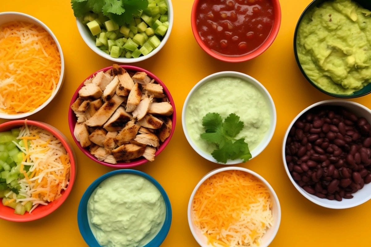 Top-down view of fresh taco bowl ingredients, including grilled chicken, shredded cheese, black beans, diced cucumbers, guacamole, salsa, and creamy sauce, arranged in small bowls on a yellow background.