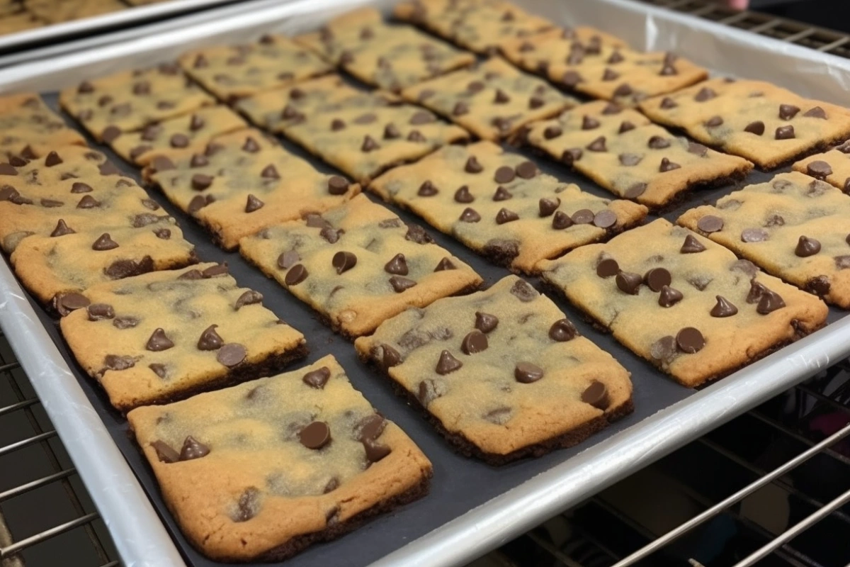 Squares of brookies cooling on a rack, showing distinct layers of brownie and cookie, with chocolate chips scattered around.