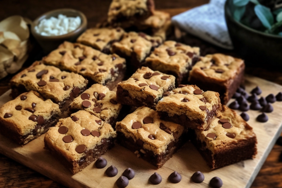 Squares of freshly baked brookies on a cooling rack with chocolate chips scattered around.