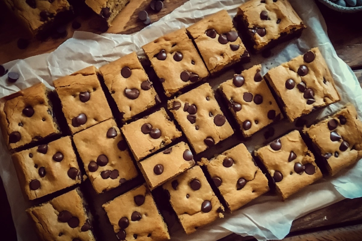 Squares of bronkies on a cooling rack with chocolate chips scattered around, styled on a rustic wooden table.