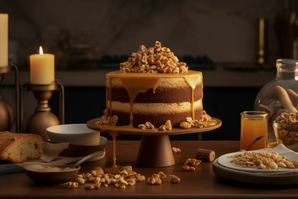 A rich, multi-layered crunch cake drizzled with golden caramel and topped with a heap of glazed nuts, placed on a wooden cake stand in a warm, elegant kitchen setting with scattered nuts, caramel sauce, and rustic decor.