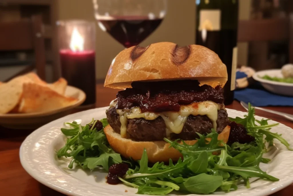 Gourmet bison burger with brie, caramelized onions, and arugula, served with red wine.