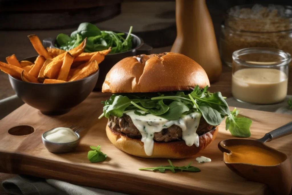 A delicious gourmet bison burger with cheese, caramelized onions, and arugula, served with sweet potato fries.