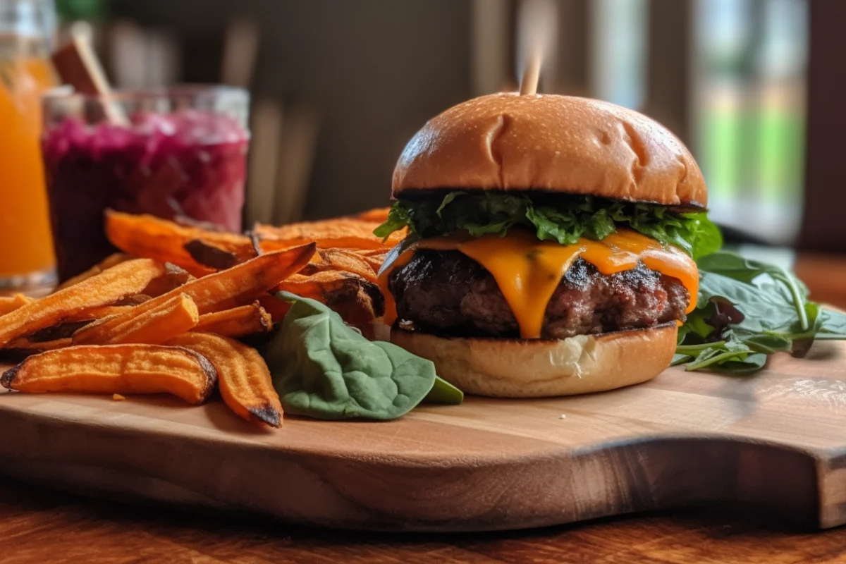 Delicious bison burger with gourmet toppings on a rustic wooden plate.