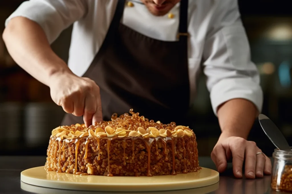 A pastry chef decorating a caramel crunch cake with caramel drizzles, toasted almonds, and a crispy nut coating, placed on a round platter in a professional kitchen setting.