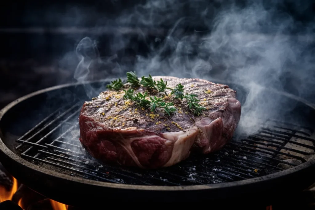 Grilled bison steak with herb butter and seasoning tools in a backyard setting.