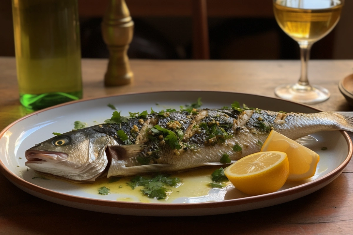 Grilled branzino garnished with lemon, parsley, and olive oil on a rustic table.