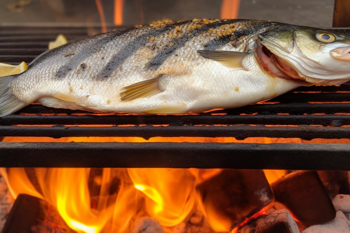 Whole branzino grilling with char marks, herbs, and lemons on a smoky grill.