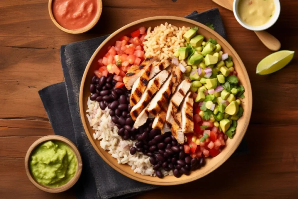 A colorful taco bowl with grilled chicken, black beans, rice, diced tomatoes, avocado salsa, and cilantro, served on a wooden table with guacamole and sauces on the side.