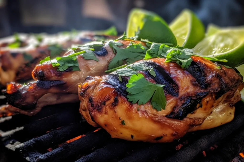 Smoky grilled Pollo Asado with lime wedges and cilantro on a hot grill, highlighting a golden-brown charred surface.