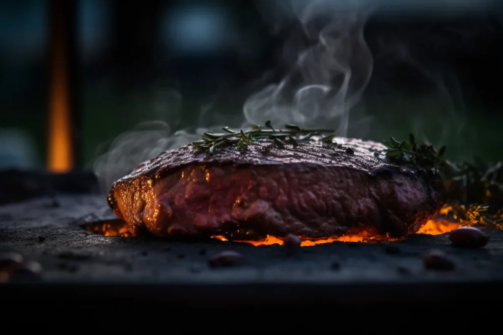 A medium-rare venison steak grilling on a barbecue, highlighting the flames and char marks.